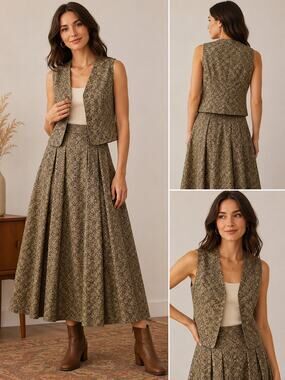 Vintage 1970s Taupe Geometric Print Vest & Long Skirt Two Piece Set M